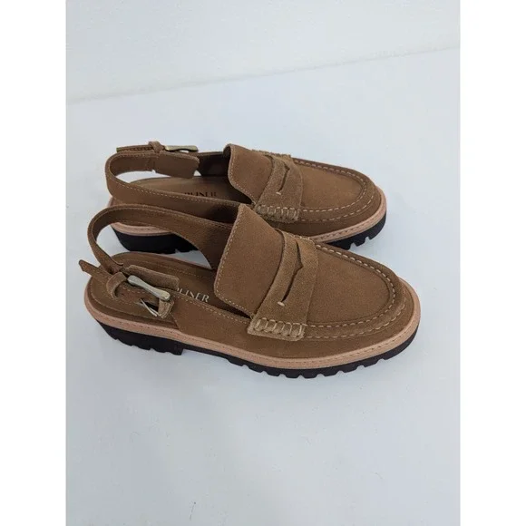 Donald Pliner Halie Womens 6M Saddle Brown Suede Slingback Lug Penny Loafers - Picture 2 of 10